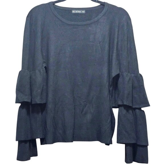 SMF Woman Sweaters - Black Ruffle Sleeve Knit Sweater By SMF Woman EUR XL (UK 16)